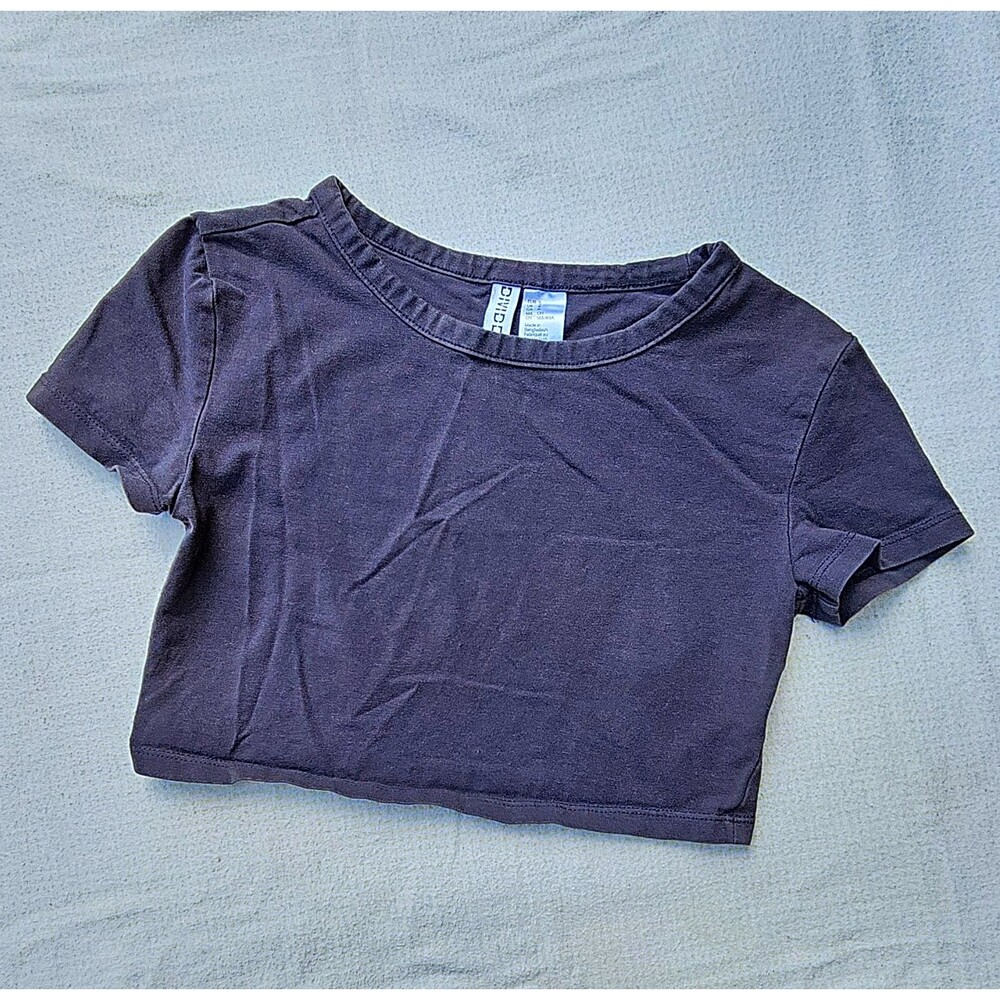 Divided by H&M Gray Solid Cropped Knit Crew Neck T-Shirt Short Sleeve Womens S